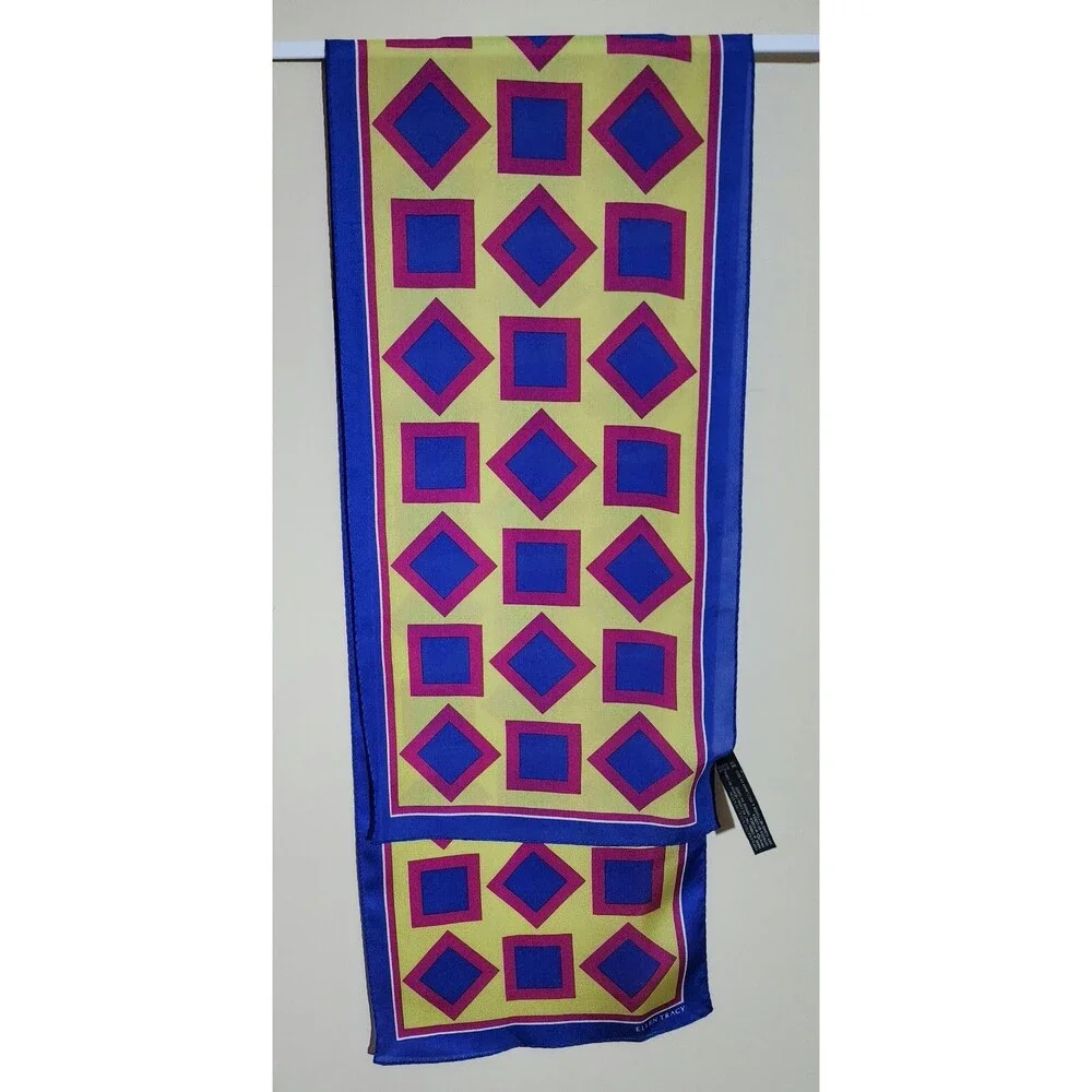 90s Ellen Tracy 100% Silk Scarf Rectangle Geometric Blue Red Yellow Vintage 52